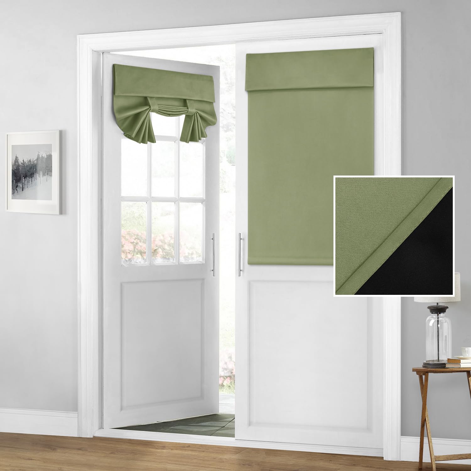 Homeideas 100% Blackout French Door Curtains, Privacy Door Curtains For Door Window, 26 X 40 Inch Room Darkening Curtains, Thermal Insulated Door Window Shades For Bedroom, (1 Panel, Sage Green)